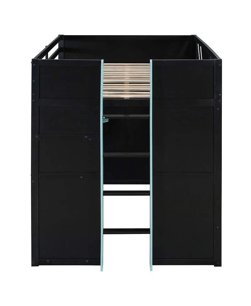 Streamdale Furniture Full Size Wood Loft Bed with Shelves Curtains and Rgb Lights