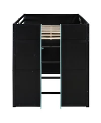 Streamdale Furniture Full Size Wood Loft Bed with Shelves Curtains and Rgb Lights