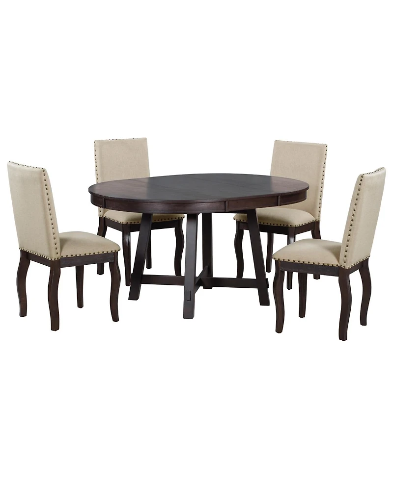 Streamdale Furniture 5-Piece Extendable Round Farmhouse Dining Set with 4 Upholstered Chairs