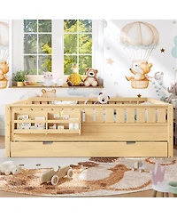 Streamdale Furniture Queen Bed with Bookshelves Staircase Safety Rails and Trundle Light