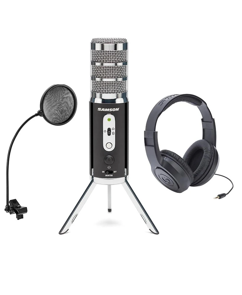Samson Satellite Usb/iOS Broadcast Microphone with Dual 16mm Condenser Capsules, Bundle With Samson SR350 Over-Ear Stereo Headphones, HandA Pop Filter