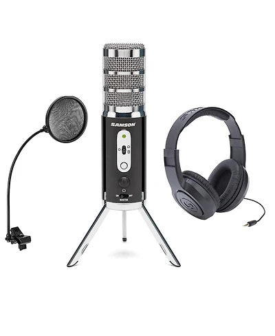 Samson Satellite Usb/iOS Broadcast Microphone with Dual 16mm Condenser Capsules, Bundle With Samson SR350 Over-Ear Stereo Headphones, HandA Pop Filter