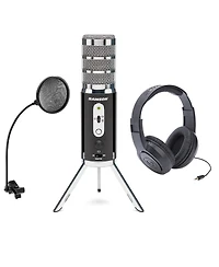 Samson Satellite Usb/iOS Broadcast Microphone with Dual 16mm Condenser Capsules, Bundle With Samson SR350 Over-Ear Stereo Headphones, HandA Pop Filter
