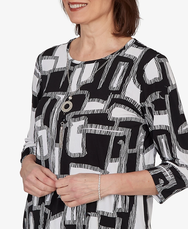 Alfred Dunner Petite Geo Boxes Puff Printed Top with Necklace