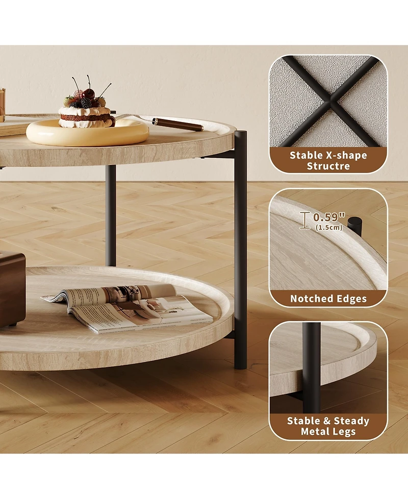 homfan Round Boho Wood Coffee Table, 2-Tier Center Table with Metal Legs, X-Shape Base and Open Storage Shelf