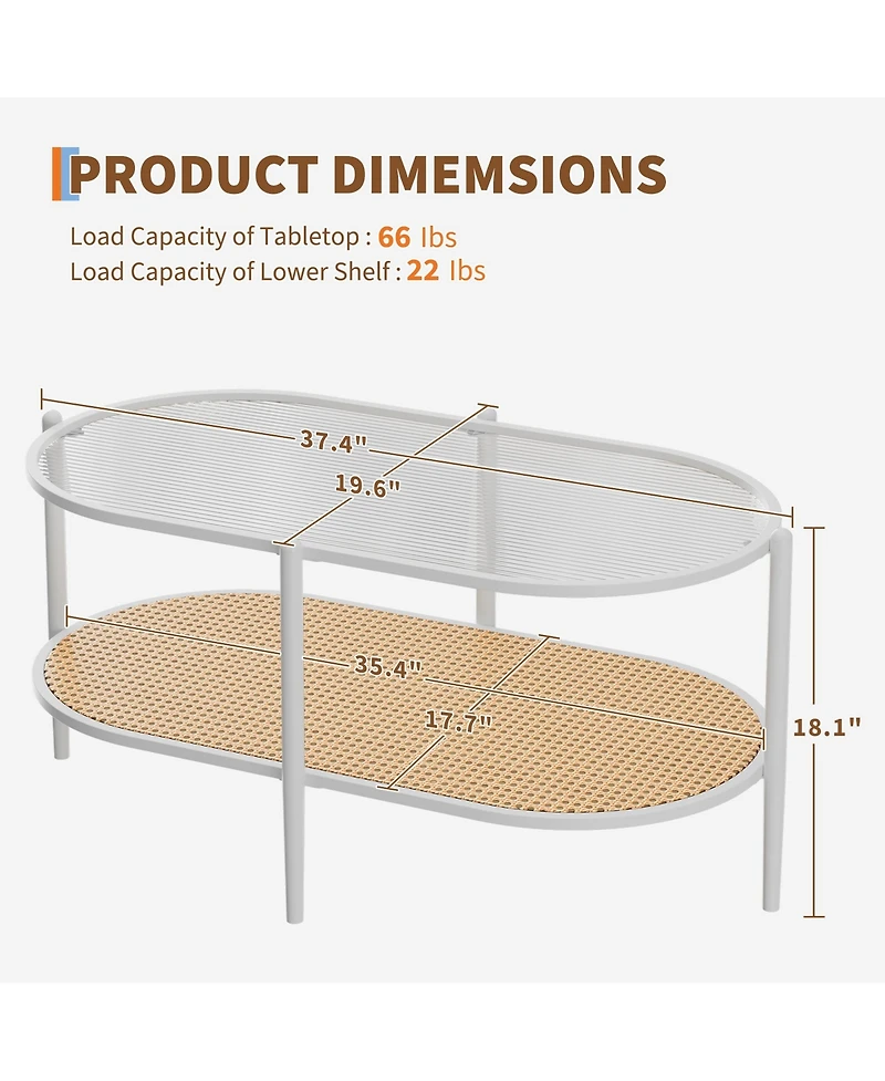 homfan Oval 2-Tier Coffee Table with Water-Wave Glass Top, Rattan Accent and Storage Shelf for Living Room