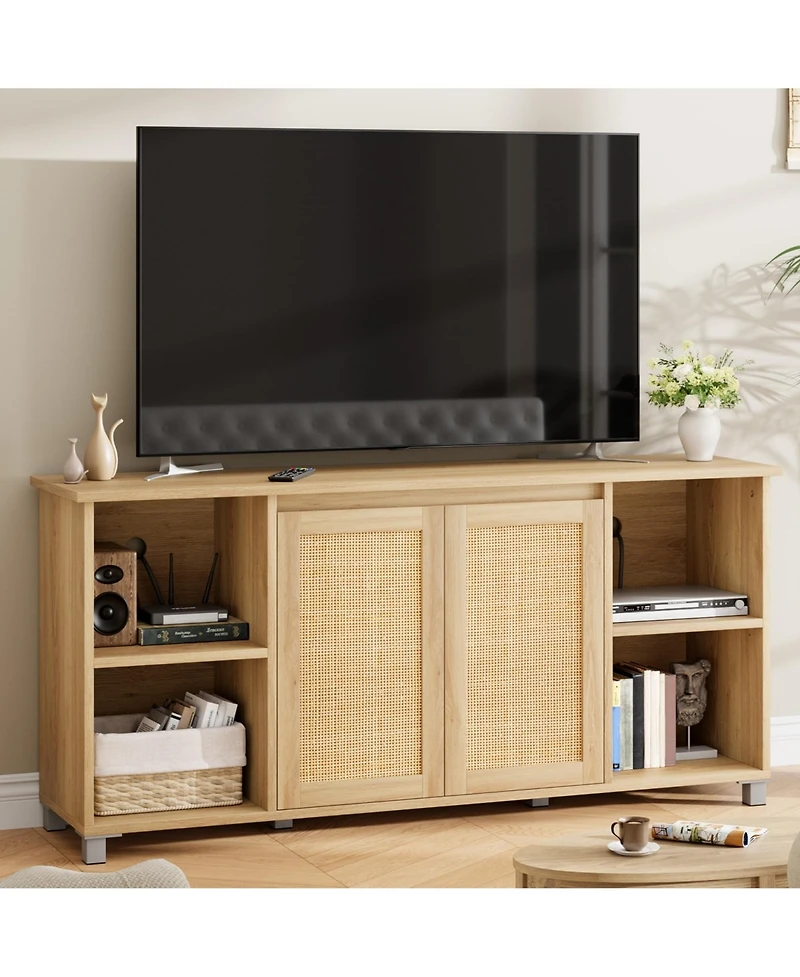 homfan Modern Boho Rattan Tv Stand with Woven Doors and Cable Management - Durable Wood Media Console and Entertainment Center for Living Room