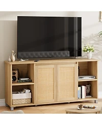 homfan Modern Boho Rattan Tv Stand with Woven Doors and Cable Management - Durable Wood Media Console and Entertainment Center for Living Room