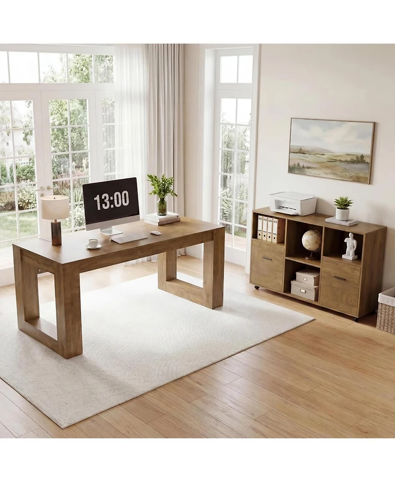 Tribesigns L Shaped Desk with Rolling File Cabinet, 63-Inch Executive Home Office Set, Wood Farmhouse Style, Storage Shelves and Drawers