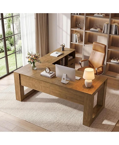 Tribesigns L Shaped Desk with Rolling File Cabinet, 63-Inch Executive Home Office Set, Wood Farmhouse Style, Storage Shelves and Drawers