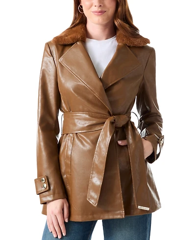 Guess Women's Faux-Fur-Collared Belted Faux-Leather Trench Coat