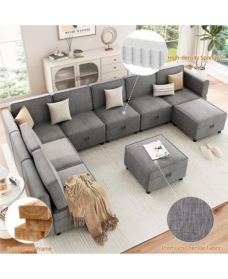 139.4" Chenille Reversible Sectional Sofa, 9-Seater Modular, Comfy Sleeper with Chaise, U-Shape Couch with Storage Seats and Ottomans, Grey