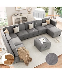 139.4" Chenille Reversible Sectional Sofa, 9-Seater Modular, Comfy Sleeper with Chaise, U-Shape Couch with Storage Seats and Ottomans, Grey