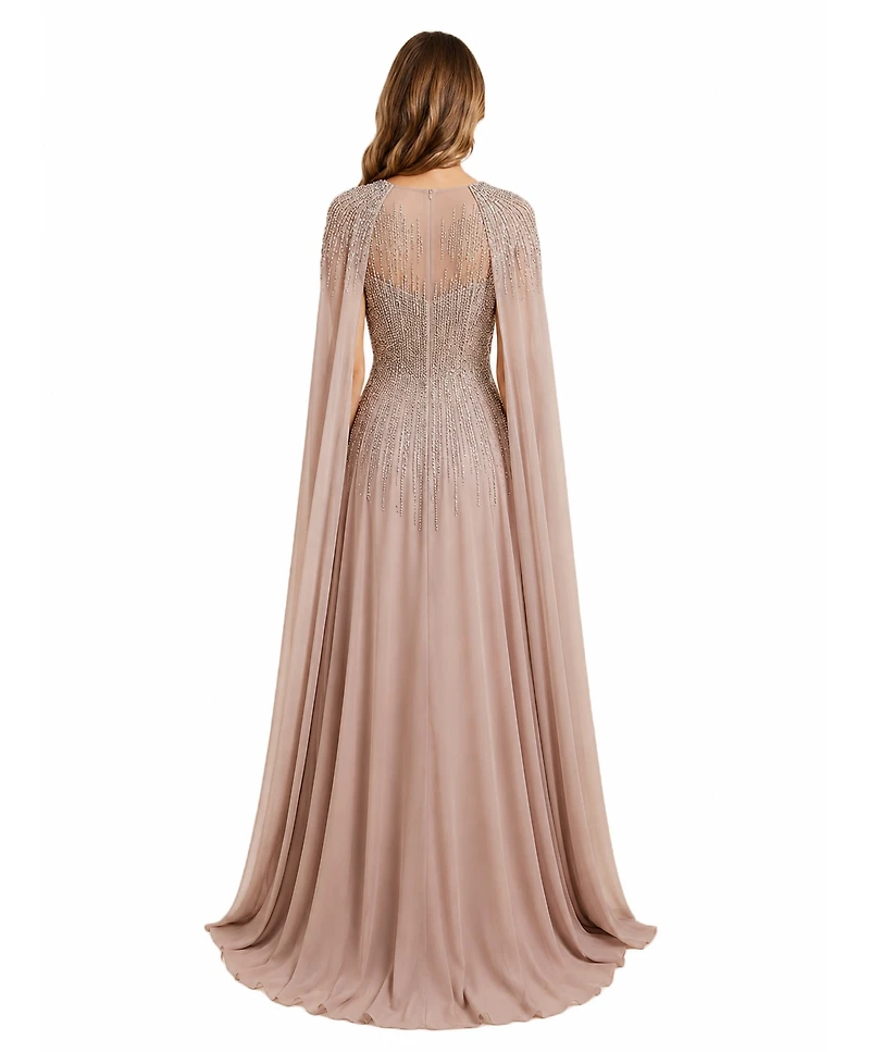 Lara Women's Chiffon A-line Long Gown with Cape Sleeves