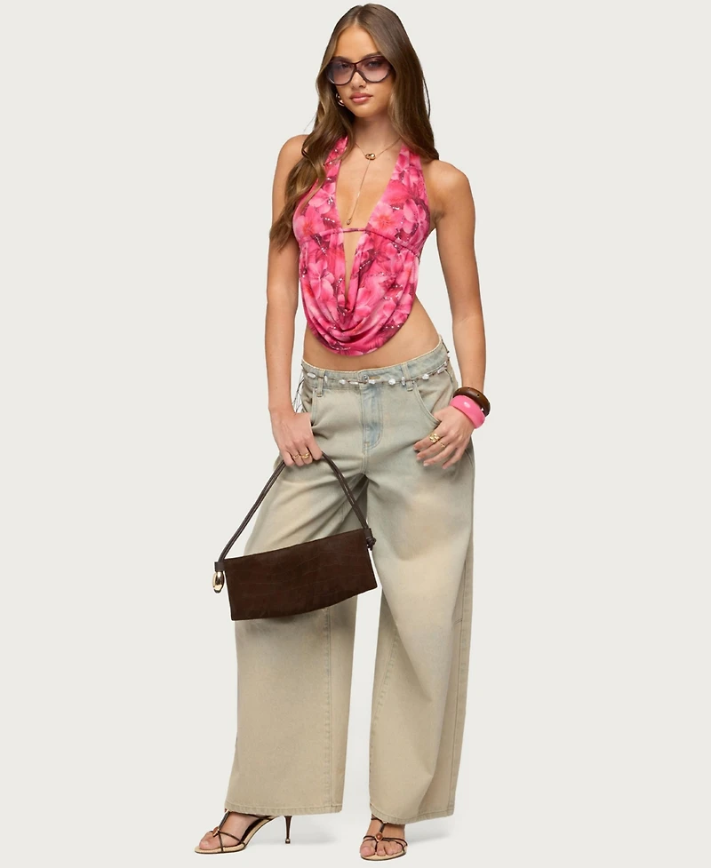 Edikted Women's Floral Mesh Backless Cowl Neck Top