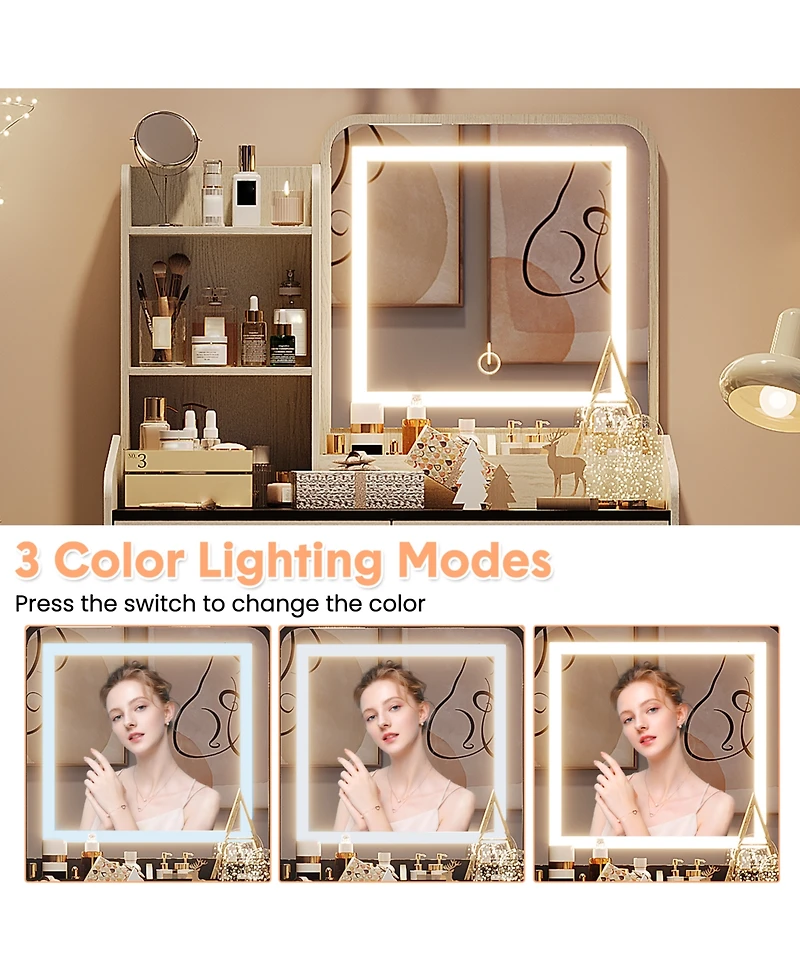 homfan Makeup Vanity Desk Set with Led Mirror, Charging Station, 2 Drawers, and Storage Stool