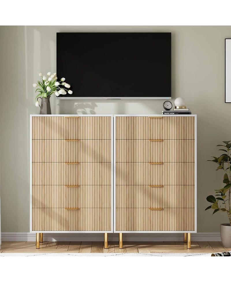 homfan 5-Drawer Dresser with Gold Handles and Fluted Panel, Storage Chest for Bedroom, Living Room, and Hallway