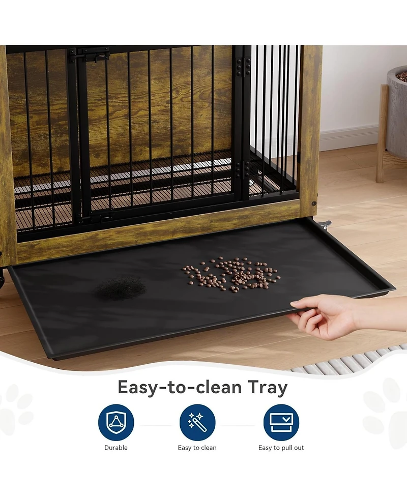 homfan Heavy Duty 38.6" Dog Crate with Wheels, Indoor Pet Kennel, Removable Tray, Easy to Assemble and Clean, Decorative Cage