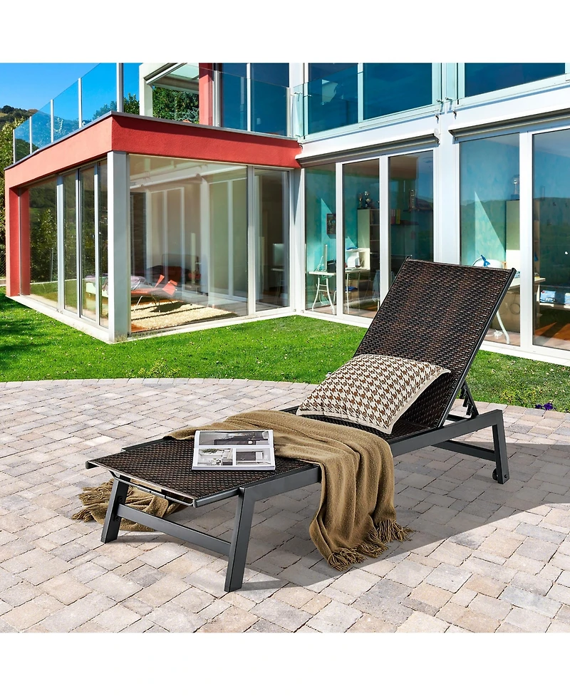 Gymax Patio Pe Rattan Chaise Lounge Outdoor Recliner with 5-Level Backrest Backyard Poolside