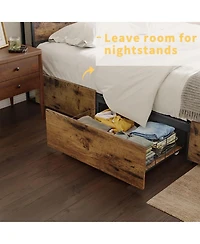 Hausource Queen Platform Bed Frame With Headboard, Drawers and Outlets, Rustic Brown