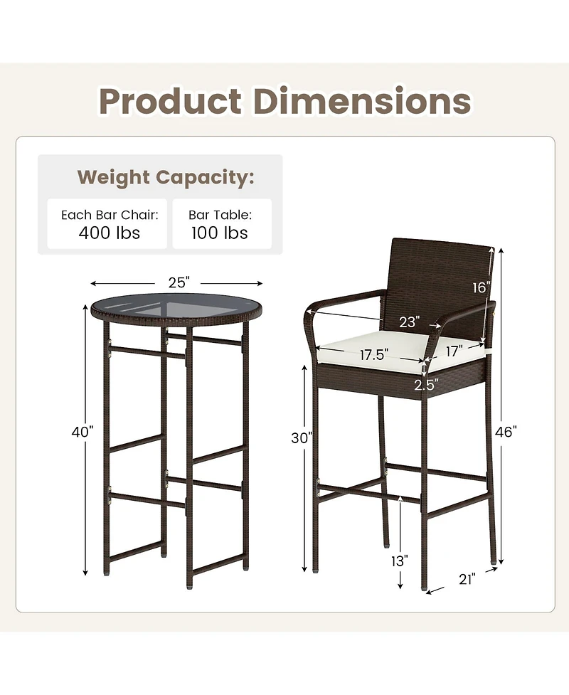 Gymax Set of 3 Outdoor Bar Set Heavy-Duty Metal Barstool and Table Set with Glass Tabletop