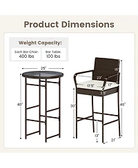 Gymax Set of 3 Outdoor Bar Set Heavy-Duty Metal Barstool and Table Set with Glass Tabletop