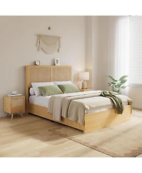 gaomon square rattan bed frame, 4 storage drawers, bohemian style Led bed, natural headboard, slatted support, no spring mattress required