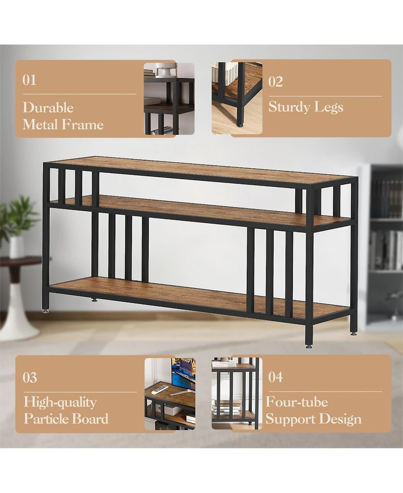 Homfan Spacious Rustic Tv Stand Media Console with Three Open Shelves, Sturdy Mdf and Iron Frame, Fits Larger Screens, Easy Assembly