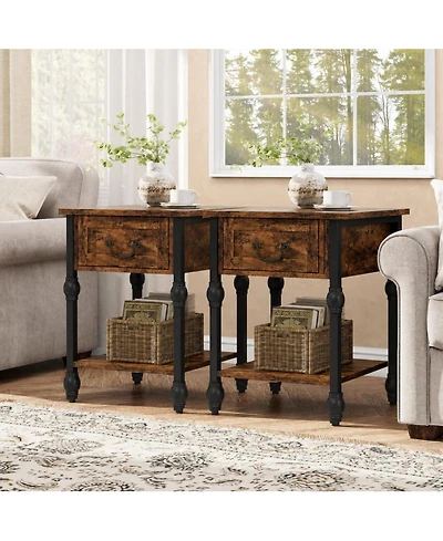 homfan Set of 2 Industrial End Tables – Metal Frame Side Tables with Drawer and Storage Shelf, Vintage Wood Top for Bedroom or Living Room