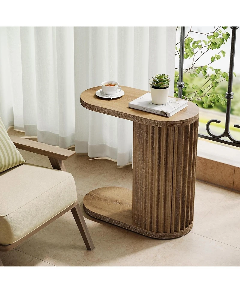 Tribesigns Fluted C-Shaped End Table, Modern Narrow Side Table with Oval Top and Storage Shelf, Accent Sofa Companion for Small Spaces