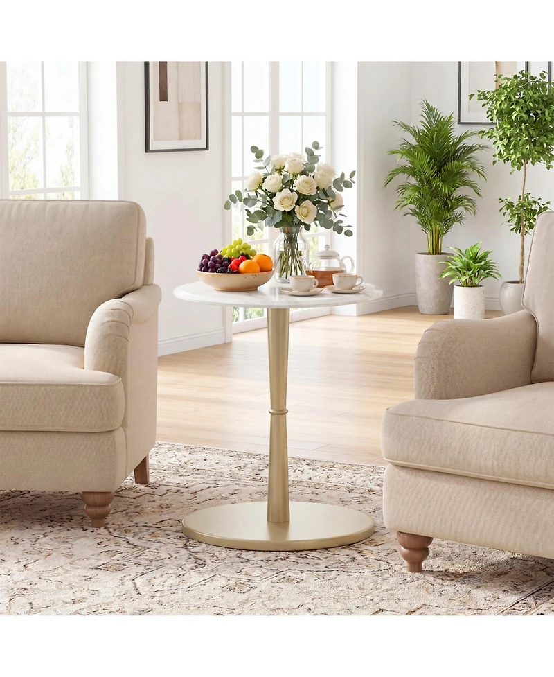 Slickblue Wooden Base Round Table with Marble Top for Small Space Decor