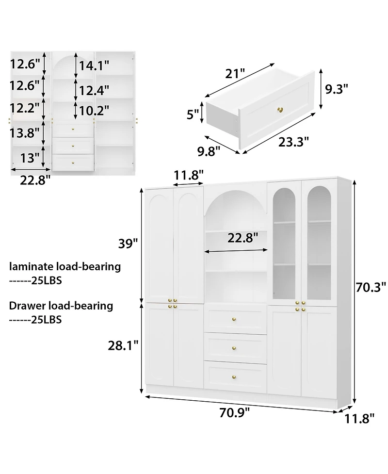 Homsee 71-Inch Tall Separate Style Wardrobe with Glass -Armoire with Knobs | P-Shaped Storage Cabinet with Soft-Close Drawers and Doors