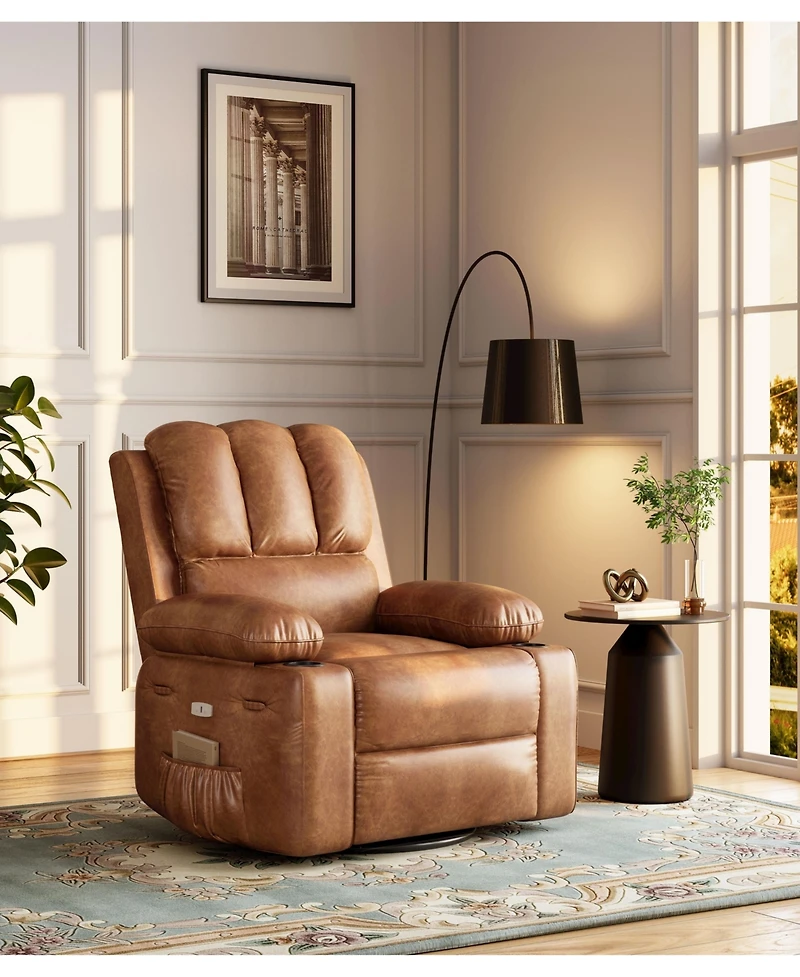 homfan Power Recliner Chair with Massage, Pu Leather Motorized Lounge Chair, 22" Wide Seat, Usb Charging and Cup Holders, Living Room