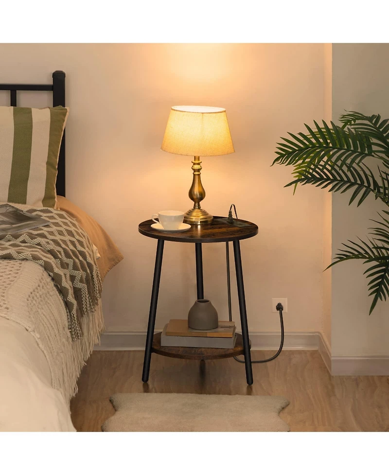 Slickblue Modern Round Side Table with Charging Station and 2-Tier Storage Shelf