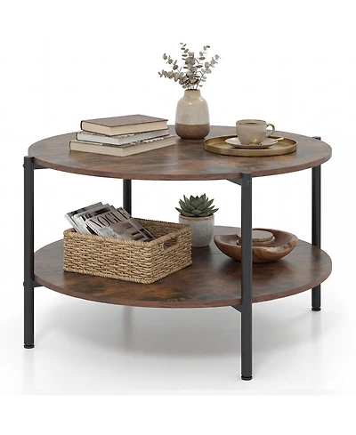 Gymax Round Coffee Table with Open Storage Shelf Circle Cocktail Table for Living Rooms