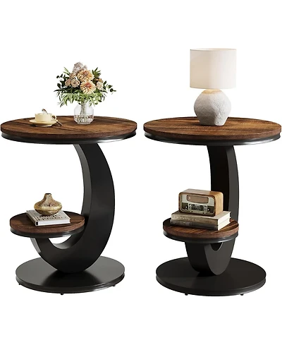 Tribesigns 2 Tiers Side Table, Round End Table with Storage Shelf, C-Shaped Frame for Small Spaces, Living Room pieces