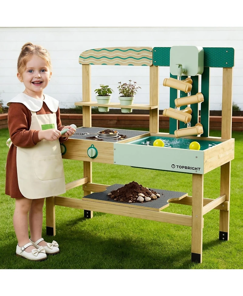Top Bright 4 In 1 Mud Kitchen Pretend Play Toy For Kids Wooden Outdoor Playhouse Water Sand Play, Cooking Gardening Playset With Accessories Table Set