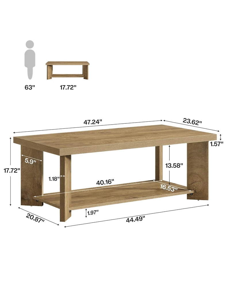 Tribesigns 47-Inch Coffee Table for Living Room, Farmhouse Rectangle Center Cocktail Table with Storage Shelves, Rustic Wooden Accent Tea Furniture