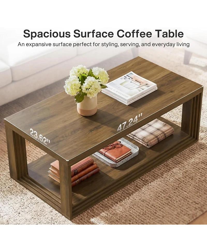 Tribesigns 47" Modern Coffee Table, Farmhouse Rectangular Living Room Table with 2-Tier Storage Shelf