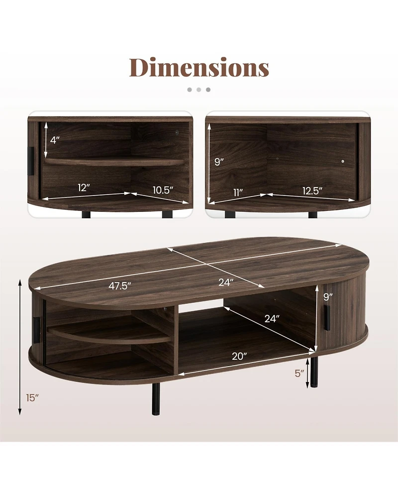 Slickblue Modern Wooden Oval Coffee Table with Storage Space for Living Area-Walnut