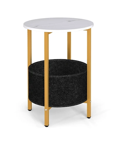 Slickblue Modern Round End Table 2-Tier with Fabric Storage Basket and Metal Base