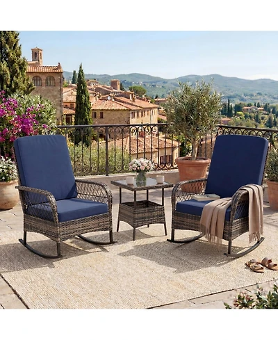 3-Piece Patio Sofa Set, Wicker Rockers with High Back and Side Table, Removable Thick Cushions, Smooth Gliding, For Porch, Garden, Balcony, Poolside