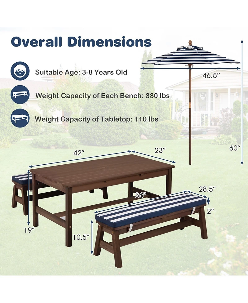Gymax Kids Picnic Table Outdoor Wooden Table and Bench Set with Removable Umbrella