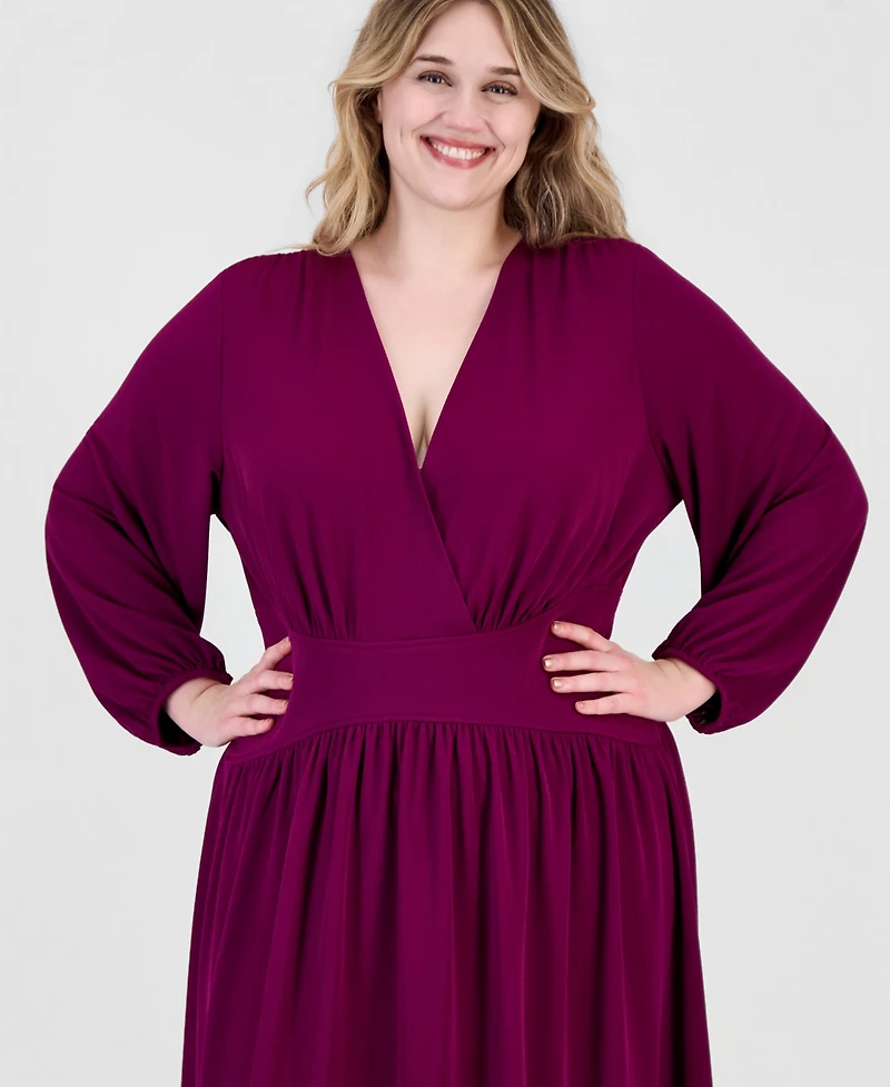 Anne Klein Plus Cross Long-Sleeve Fit & Flare Midi Dress