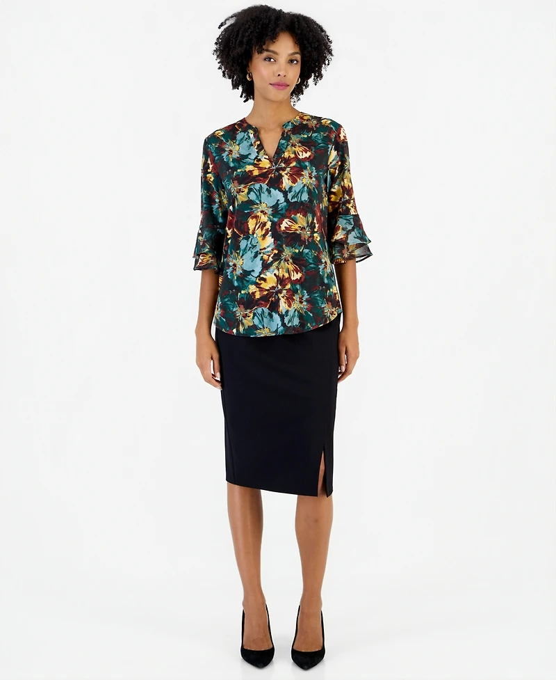 Kasper Petite Split Neck Floral-Print 3/4-Length Flutter-Sleeve Tunic