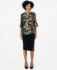 Kasper Petite Split Neck Floral-Print 3/4-Length Flutter-Sleeve Tunic