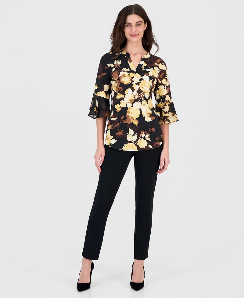 Kasper Petite Floral-Print Split-Neck 3/4 Flutter-Sleeve Tunic