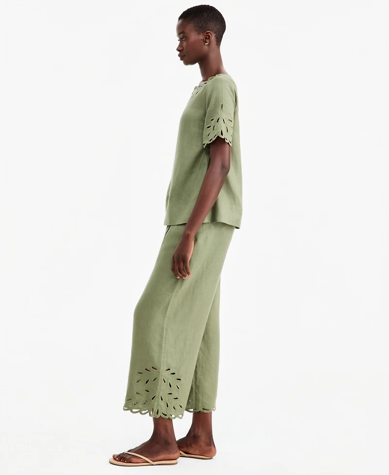 Charter Club Women's Linen Eyelet-Hem Cropped Wide-Leg Pants, Macy's Exclusive
