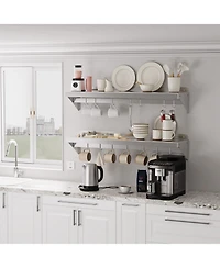 Wall Mounted Shelf, 48 Inch Stainless Steel Floating Shelf with 7 Hooks for Kitchen or Pantry
