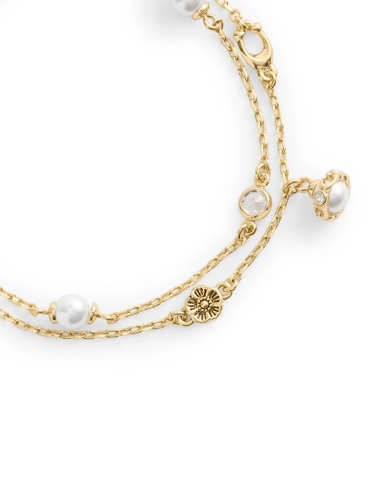 Coach Faux Stone Signature Heritage Cultivated Pearl Charm Double Strand Bracelet